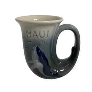 K & S Hawaiian Creations Pottery Mug Maui Horn Shaped Whale Hand Crafted Blue